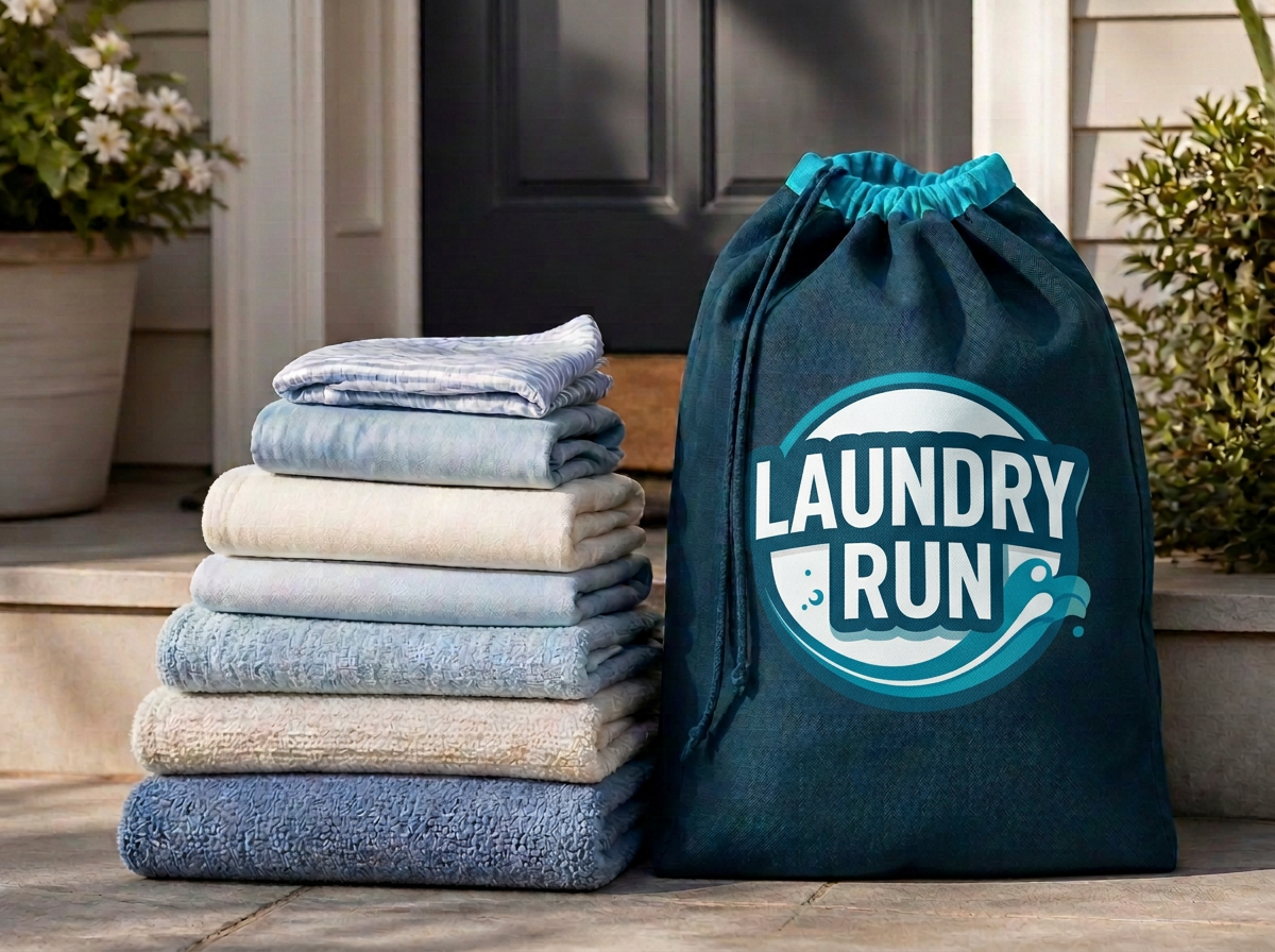 Folded household laundry stacked next to a reusable laundry bag on a home doorstep